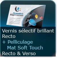 Cartes de correspondance Pelliculage Soft Touch Mat au Recto et Verso + Vernis Sélectif Brillant au Recto