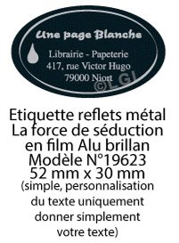 Autocollant & Étiquette Etiquette en métal brillant, Format Ovale 5,2x3cm - modèle fond noir et argent - (film alu biodégradable, fibre de bois de cellulose) n19623- Livré en rouleau