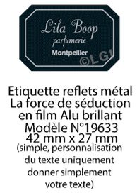 Autocollant & Étiquette Etiquette en métal brillant, Format Rectangle coins cassés 4,2x2,7cm - modèle fond noir et argent - (film alu biodégradable, fibre de bois de cellulose) n19633- Livré en rouleau