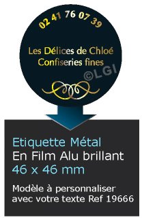 Autocollant & Étiquette Etiquette en métal brillant, Format Rond 4,6x4,6 cm - modèle Noir Or - (film alu biodégradable, fibre de bois de cellulose) n19666- Livré en rouleau