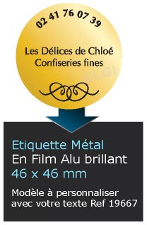 Autocollant & Étiquette Etiquette en métal brillant, Format Rond 4,6x4,6 cm - modèle fond Or - (film alu biodégradable, fibre de bois de cellulose) n19667- Livré en rouleau