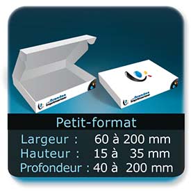 Emballage (Coffret, Boîte, carton, colis et etuis) Largeur de 60 à 200 mm - Hauteur de 15 à 35 mm - Profondeur de 40 à 200 mm