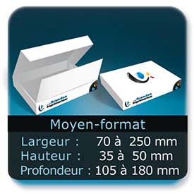 Emballage (Coffret, Boîte, carton, colis et etuis) Largeur de 70 à 250 mm - Hauteur de 35 à 50 mm - Profondeur de 105 à 180 mm