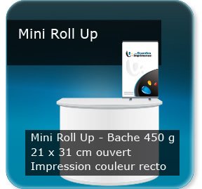 Roll up publicitaire Mini roll-up - Bache 450g - 21x30cm ouvert - Impression Couleur Recto - Anti-feux (norme unifugée classe M1) - livré monté
