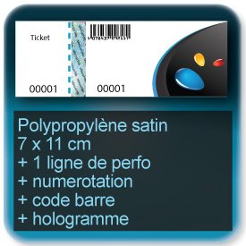 Carnets de tickets 70x110 polypropylène, talon détachable + hologramme + numerotation + code barre